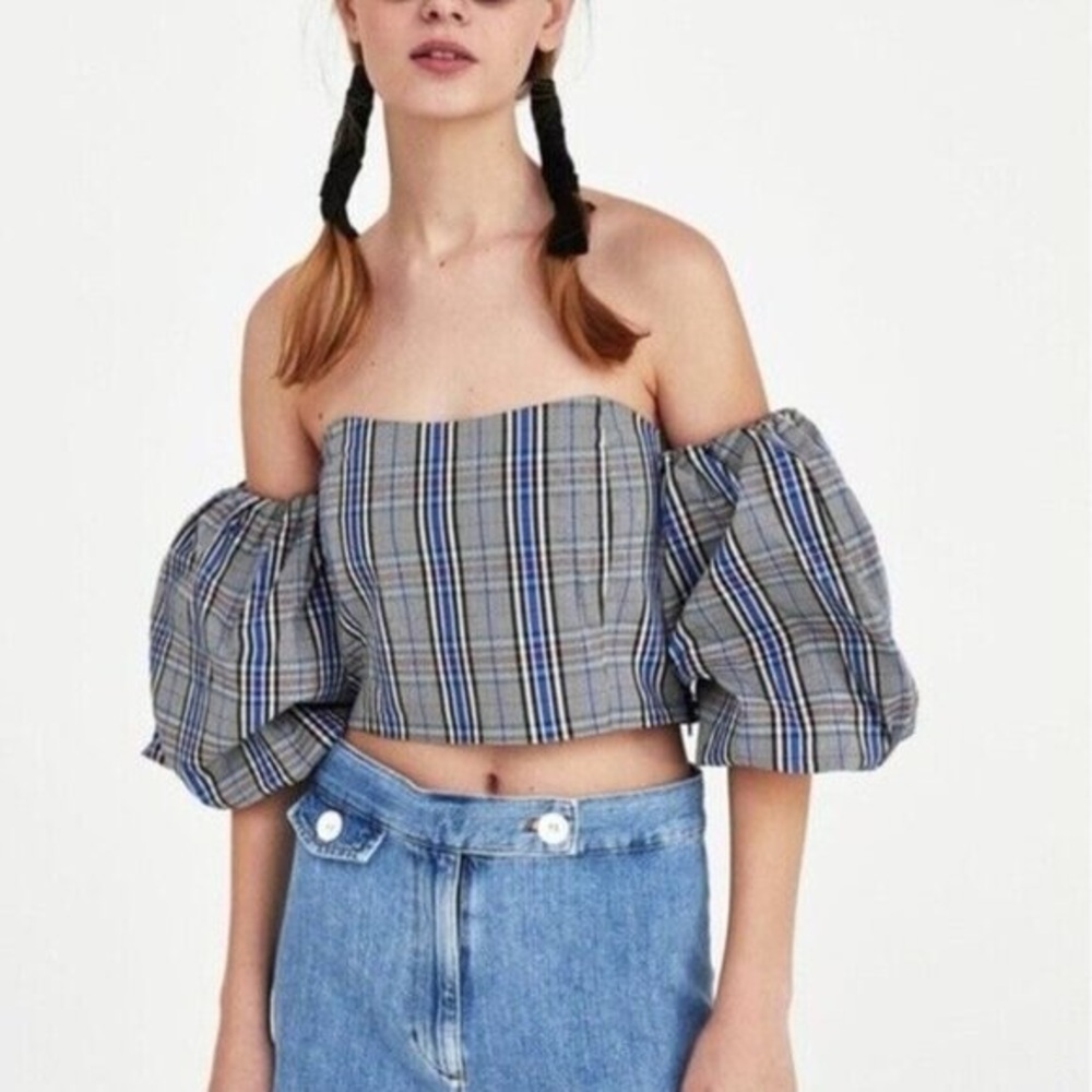 Zara Plaid Off-Shoulder Puff Sleeve Crop Top